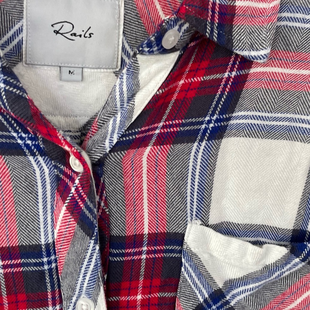 Rails Hunter White Rose Navy Plaid Long Sleeve M Medium 100% Rayon - Picture 6 of 11